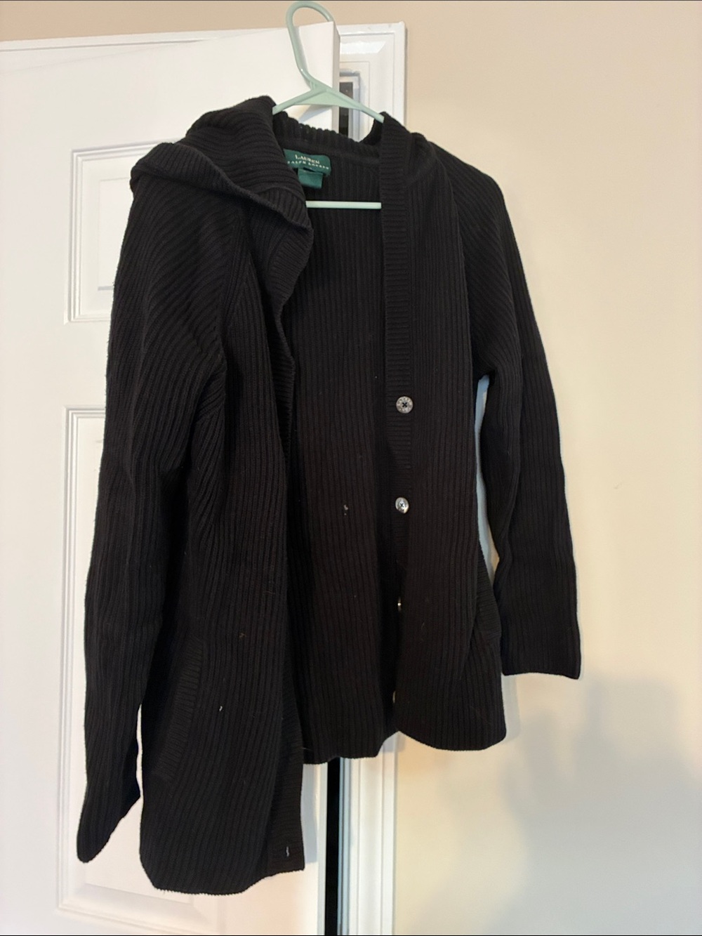 Lauren Ralph Lauren Black Ribbed Hooded Cardigan Sweater